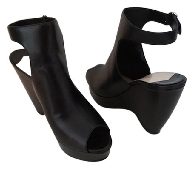 Prada Black Peep toe Leather Ankle Strap Wedges