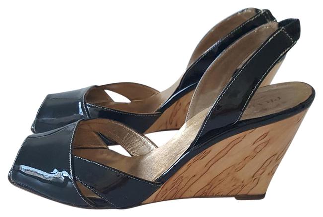 Prada Black Peep Toe Patent Leather Wedges