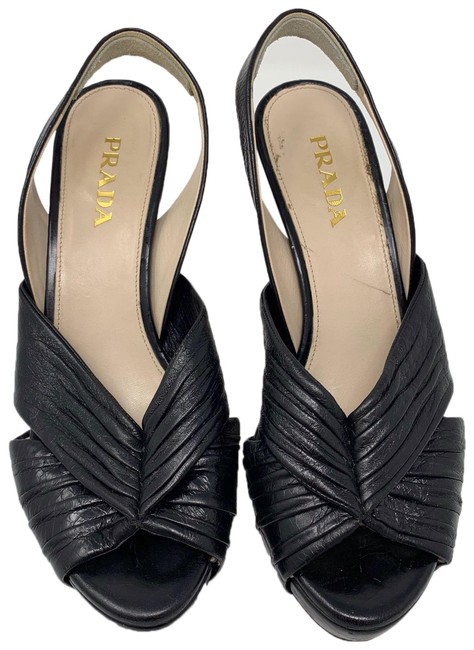 Prada Black Pleated Leather Heel Platforms