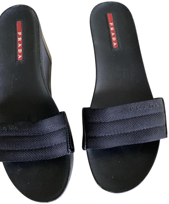Prada Black Sport Patent Canvas Sandals Wedges