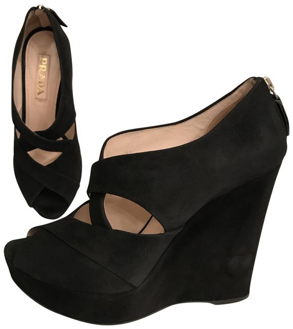 Prada Black Suede CrisscrossOpen Toe Wedges