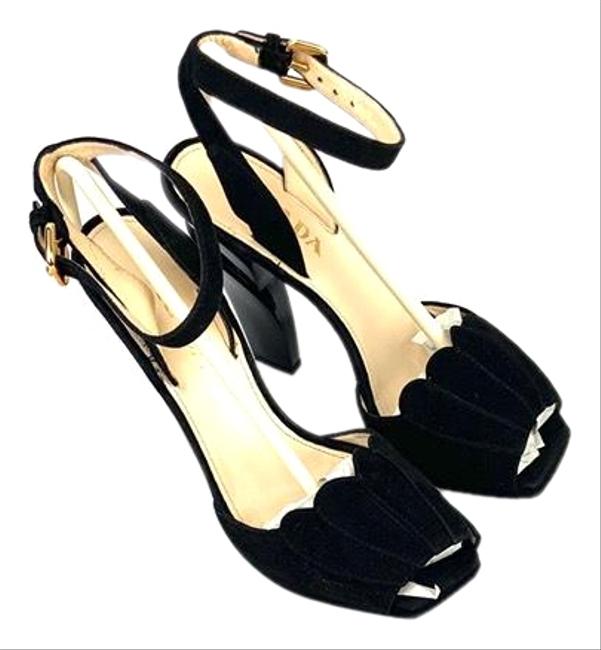 Prada Black Suede Peep Toe Pump Platforms
