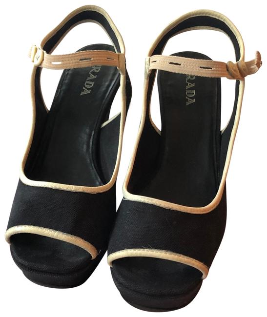 Prada Black with Cream Piping Wedges