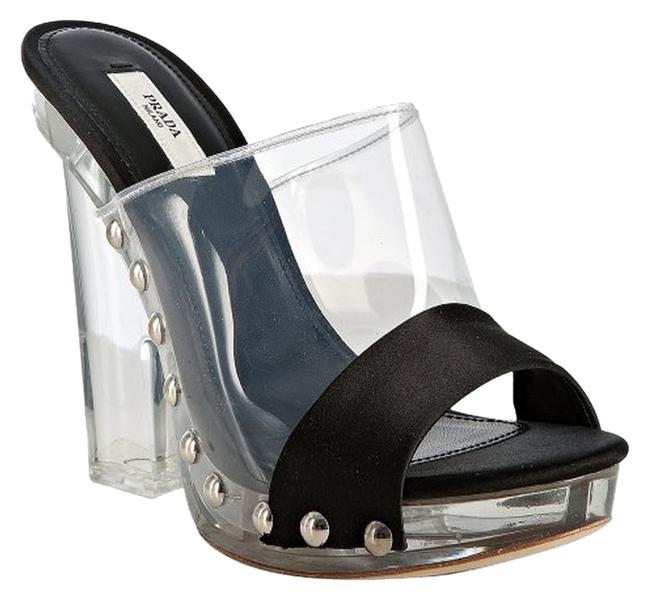 Prada BlackClear Satin and Pvc Sandals 375 Platforms