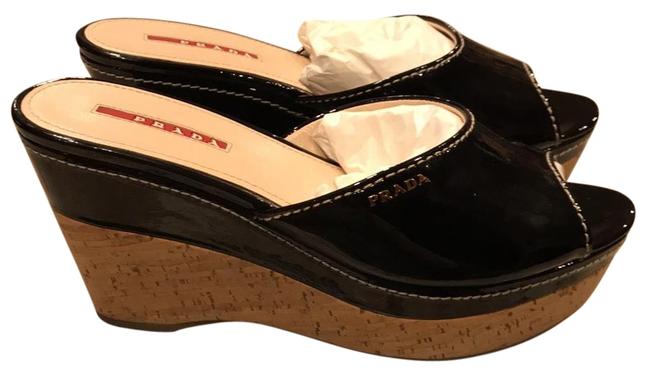 Prada BlackGold Patent Wedges