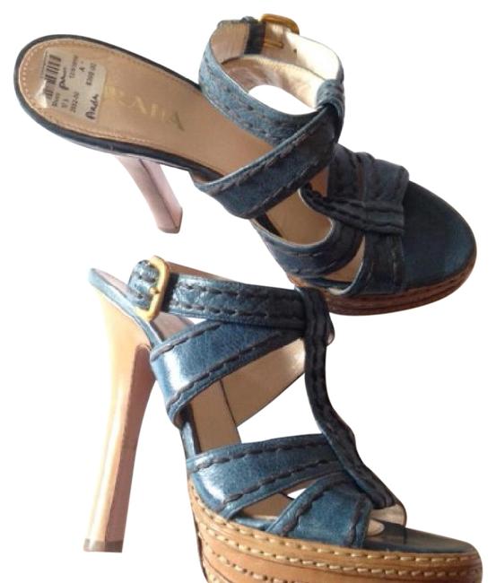 Prada Blue Leather Sandals Platforms