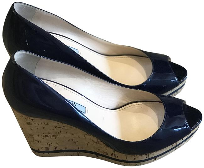 Prada Blue Patent Wedges