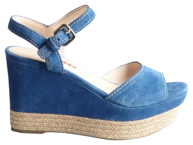 Prada Blue Womens Sport Suede and Jute Sandals Wedges