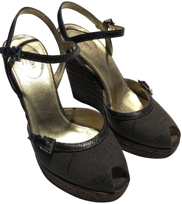 Prada BrownBlack Logo Jacquard Wedges