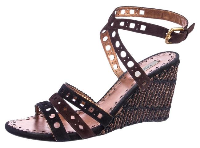 Prada Brown Black Copper Laser Cut Suede Espadrille Wedges