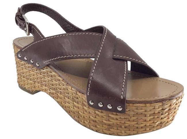 Prada Brown Leather Wicker Sling Back Sandals Wedges