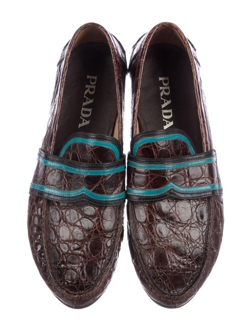 Prada Brown Mens Crocodile Loafers Platforms