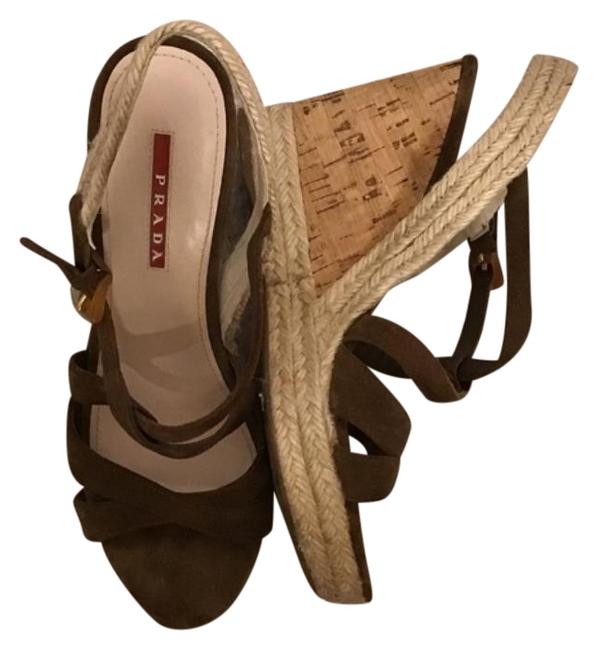 Prada Brown Tan Calzature Donna Jute Platform Wedges