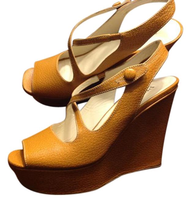 Prada Camel Leather Wedges