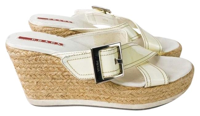 Prada Cream Patent Leather Espadrilles Sandals Wedges Narrow