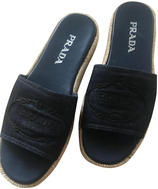 Prada Denim Espadrille Slide Sandal Wedges