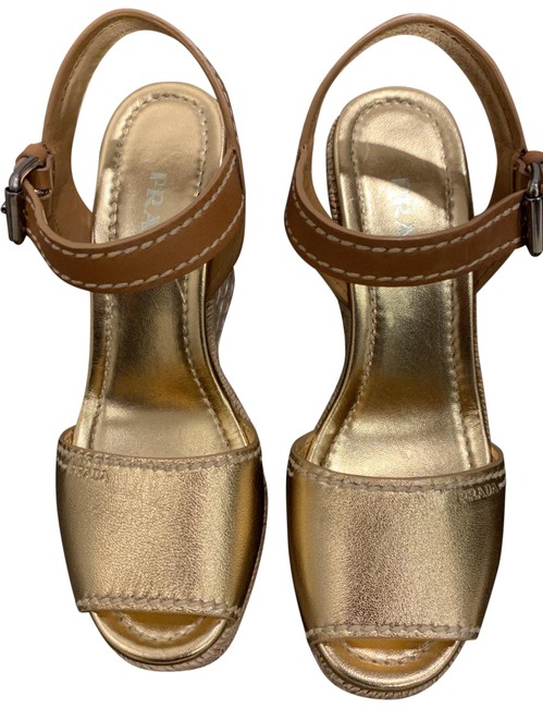Prada Gold and Brown Silver Buckle Wedges