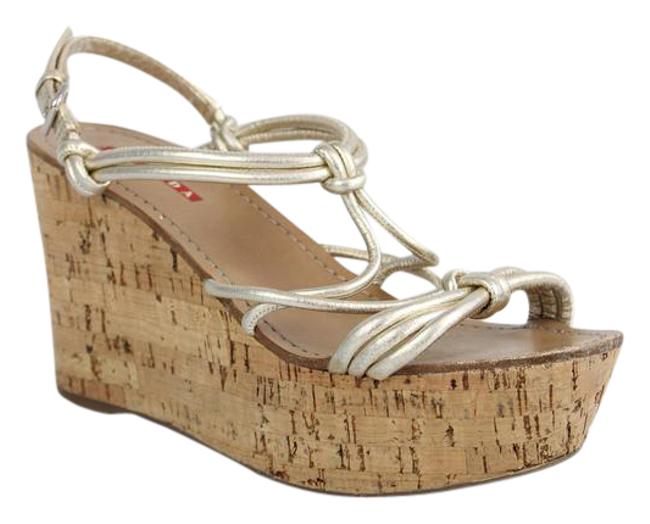 Prada Gold Metallic Leather Rope Platform Sandal Wedges