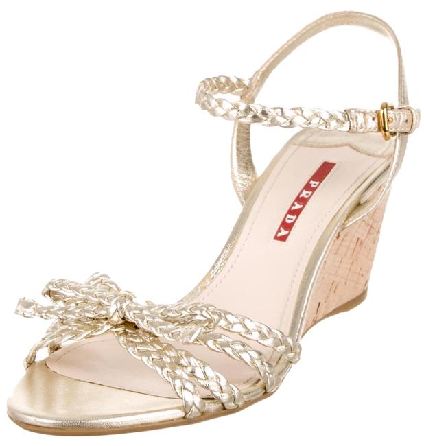 Prada Gold Metallic Woven Braided Cork Wedges