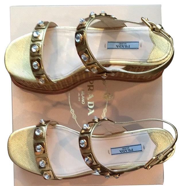 Prada Gold Saffiano Lame Wedges