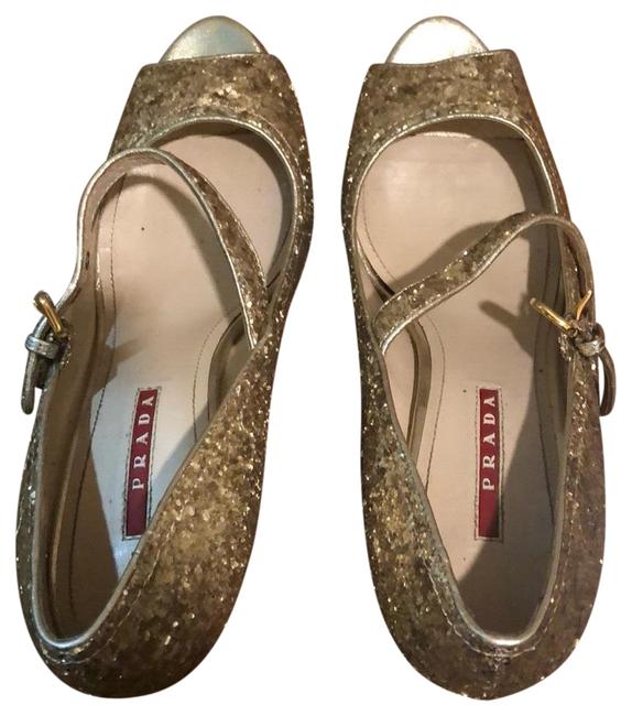 Prada Gold Sequined Espadrille Wedges