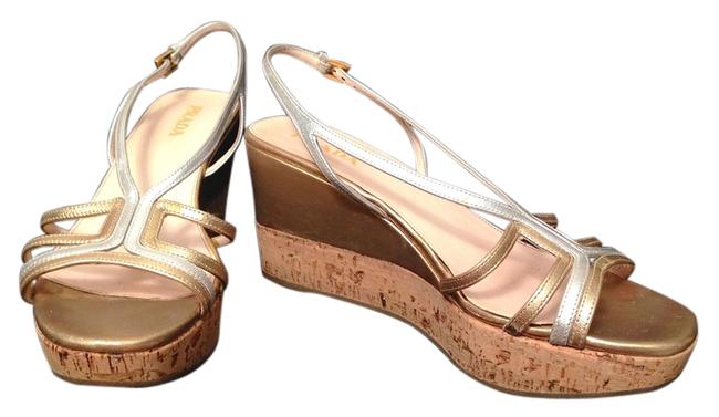 Prada Gold Strappy Metallic Leather Wedges