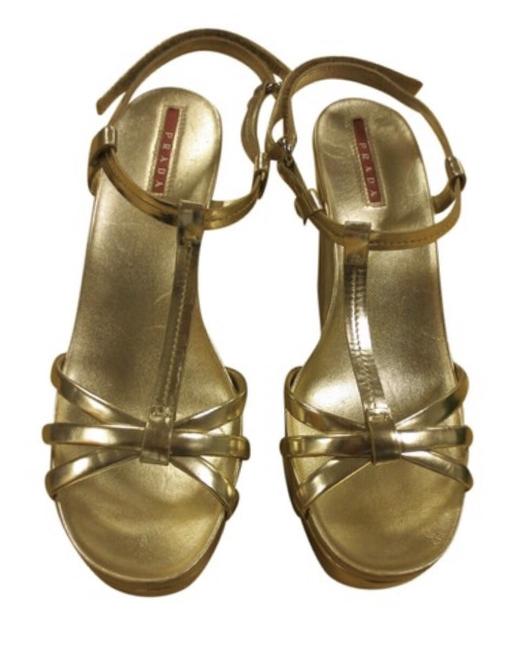Prada Gold Strappy Sandal Wedges