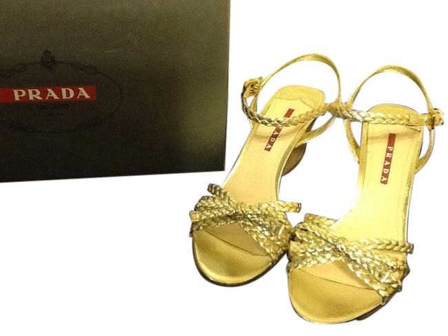 Prada Gold Tone Nappa Silk Leather Wedges