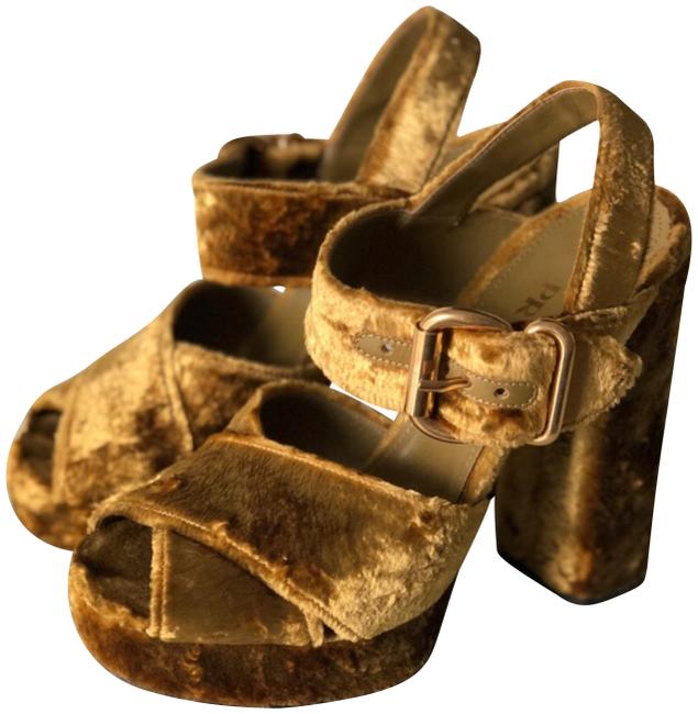 Prada Gold Velvet Sandals Platforms