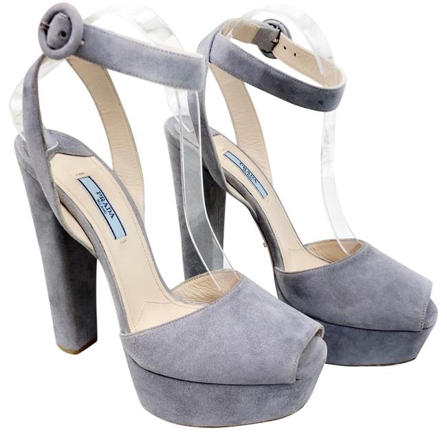 Prada Gray Sandals Heeled Suede Ankle Strap Platforms