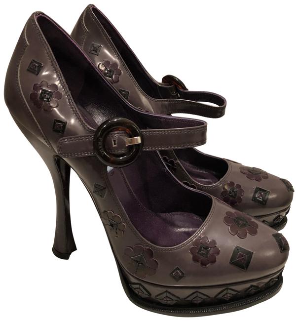 Prada Grey Leather Floral Applique Mary Jane Platforms