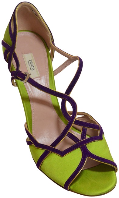 Prada LimePurple Satin Strappy Cork Wedges