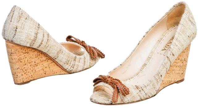Prada Multi color Cream Tweed Peep Toe Cork Wedges 38 Platforms