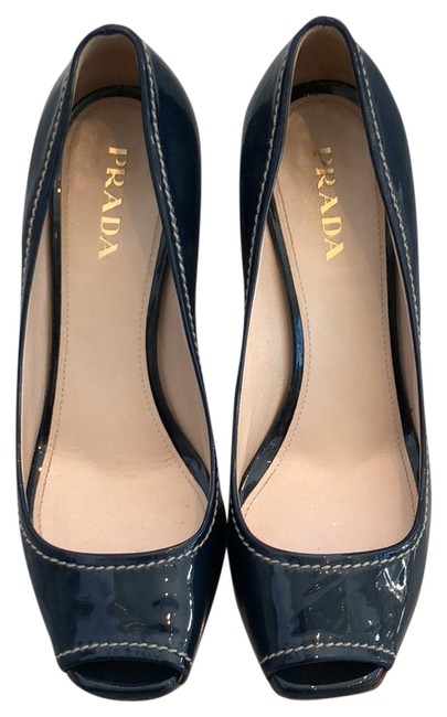Prada Navy Blue Patent Beige Wedges