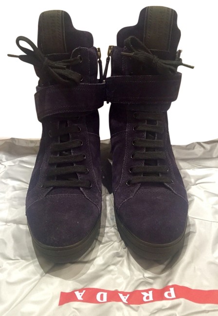 Prada Navy Blue Sport Suede Sneaker Wedges