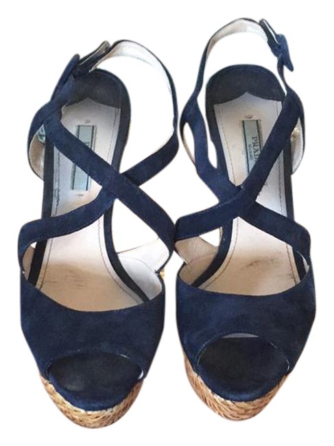 Prada Navy Scamosciato Wicker Wedges