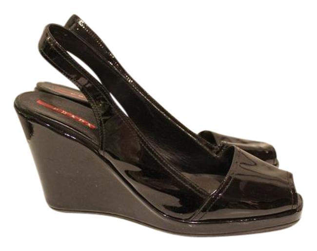 Prada Nero Black Linea Rossa Vernice Slingback Wedges
