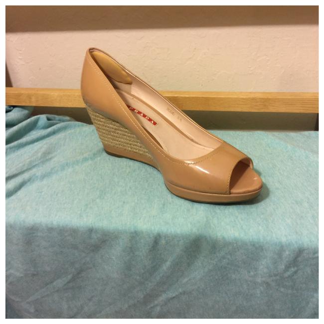 Prada Nude Patent Leather Espadrille Women Wedges