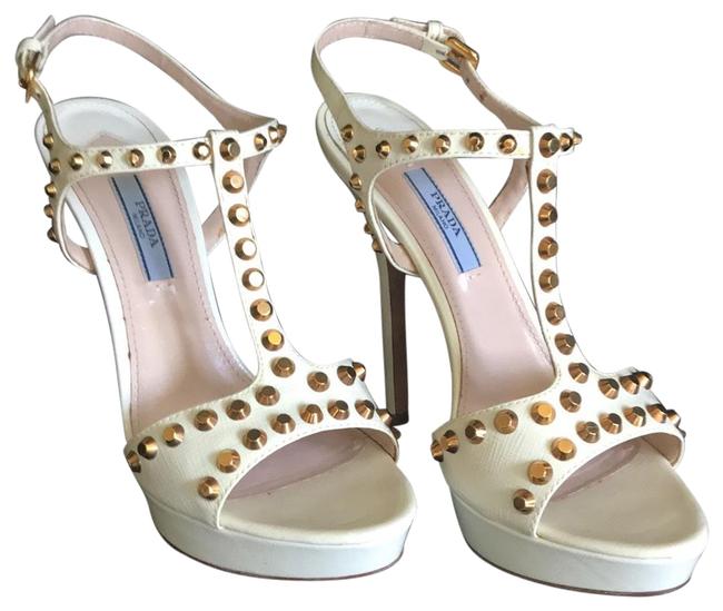 Prada Off White Studded Sandal Platforms