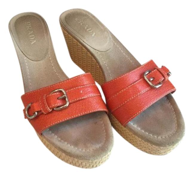 Prada Orange Buckled Leather Slide Sandals Wedges