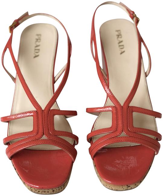 Prada Orange Patent Strappy Heeled Wedges
