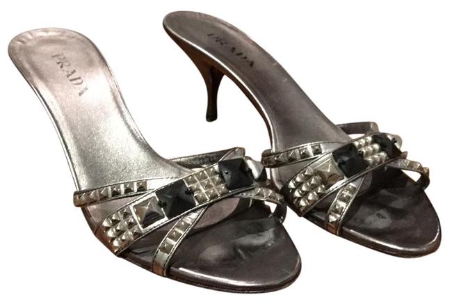 Prada Pewter Embellished Open Toe Heels Formal Shoes