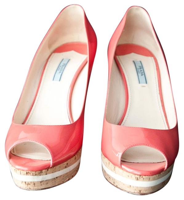 Prada Pink Coral Calzature Donna Patent Leather Wedges