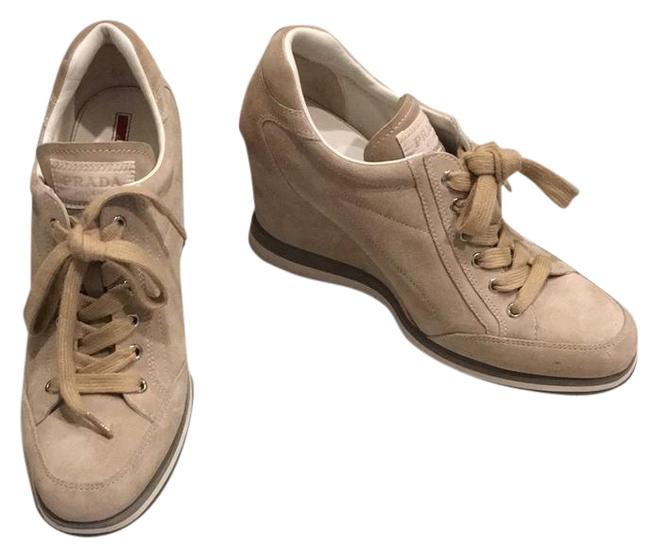Prada Pomice Gray Suede Lace up Sneaker Wedges