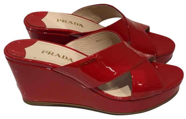 Prada Red Patent Crisscross Sandal Wedges