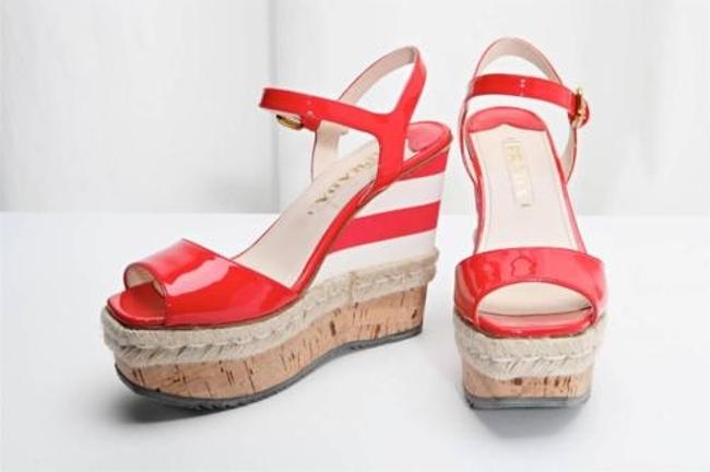 Prada Red Patent Leather Platform Espadrille Wedge High Heel Sandal 75 375