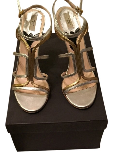 Prada SilverGold StilettosSilk Bicol Cont Arg Pla Formal Shoes
