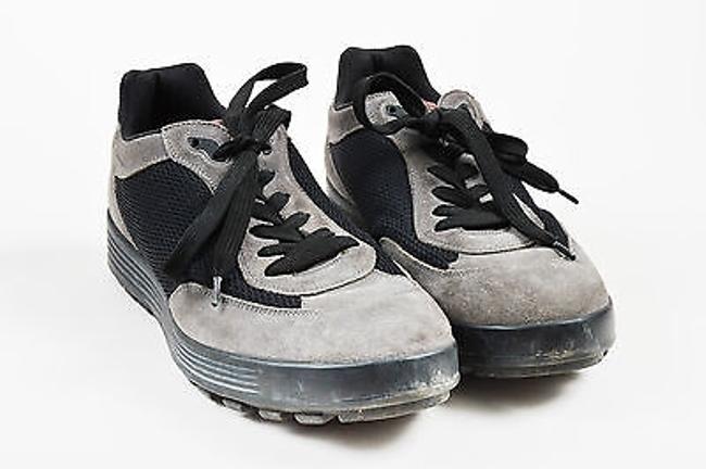 Prada Sport Gray Black Suede Mesh Lace Up Sneakers