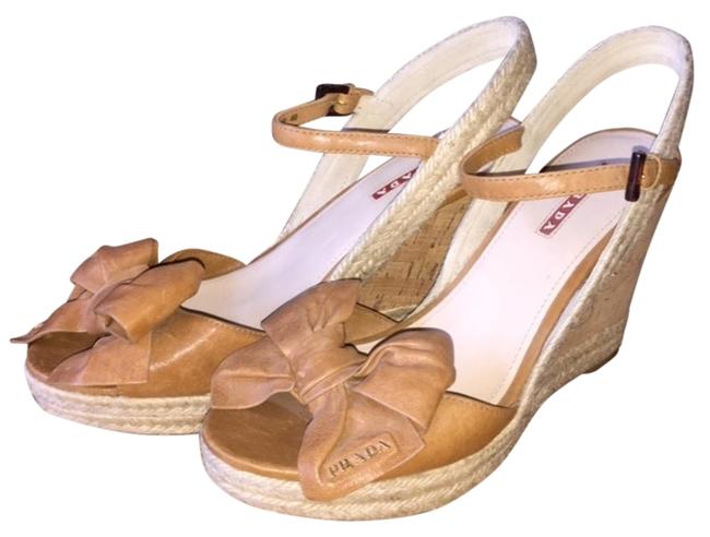 Prada Tan Bow detail Espadrille Cork Sandal Wedges