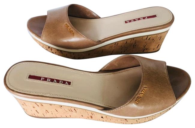 Prada Tan W Leather Slide Sandals WCork Accents Wedges